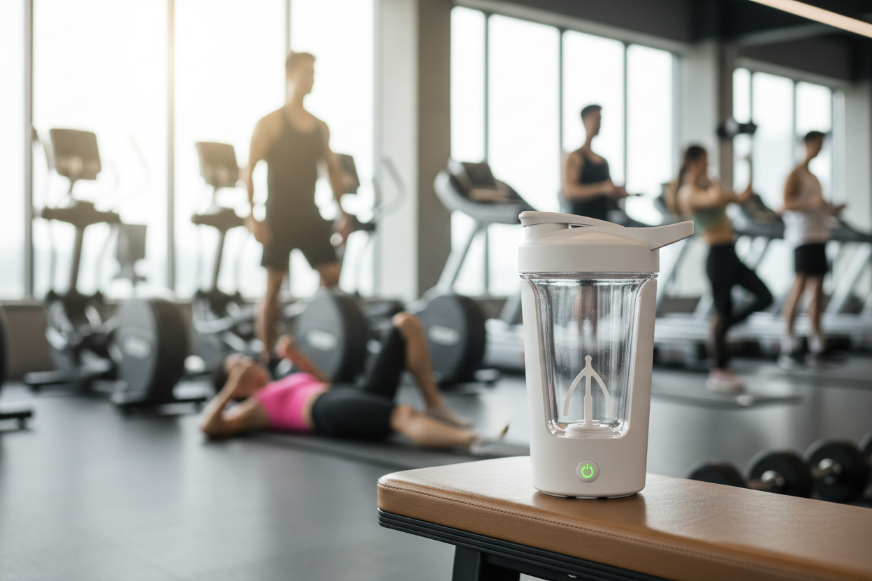 Premium Protein Shaker on Gym Bench